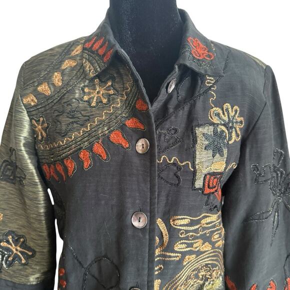 Alex Kim PM Black Embroidered Boho Button Jacket Art to Wear India Cotton Rayon - Picture 3 of 7
